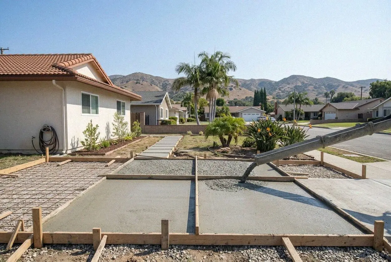 A concrete crew pouring a reinforced driveway slab in Brea