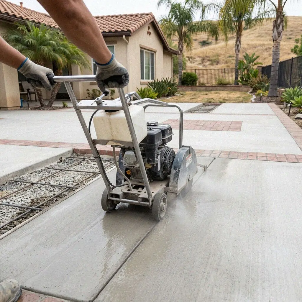 Track saw cutting a straight opening in an Irvine residential drive.
