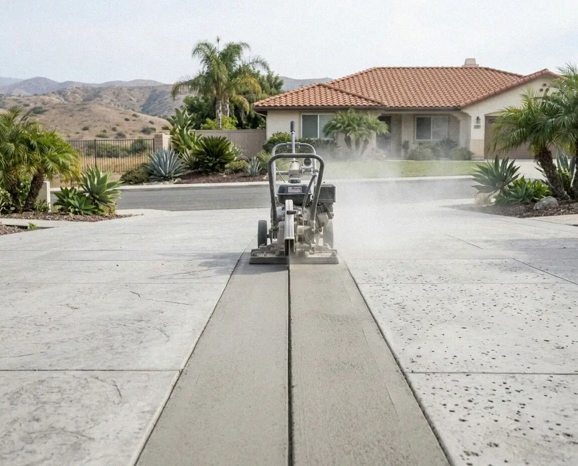 Diamond saw cutting an interior trench in an Irvine patio slab.