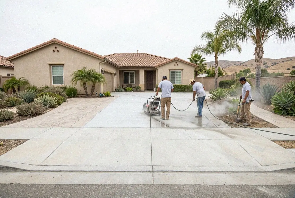 Wet diamond saw operator cutting a patio expansion slab in Irvine.