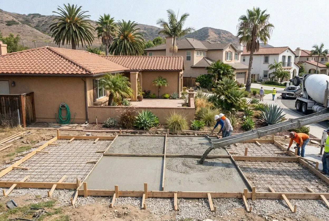 Concrete crew screeding a reinforced driveway in Dana Point