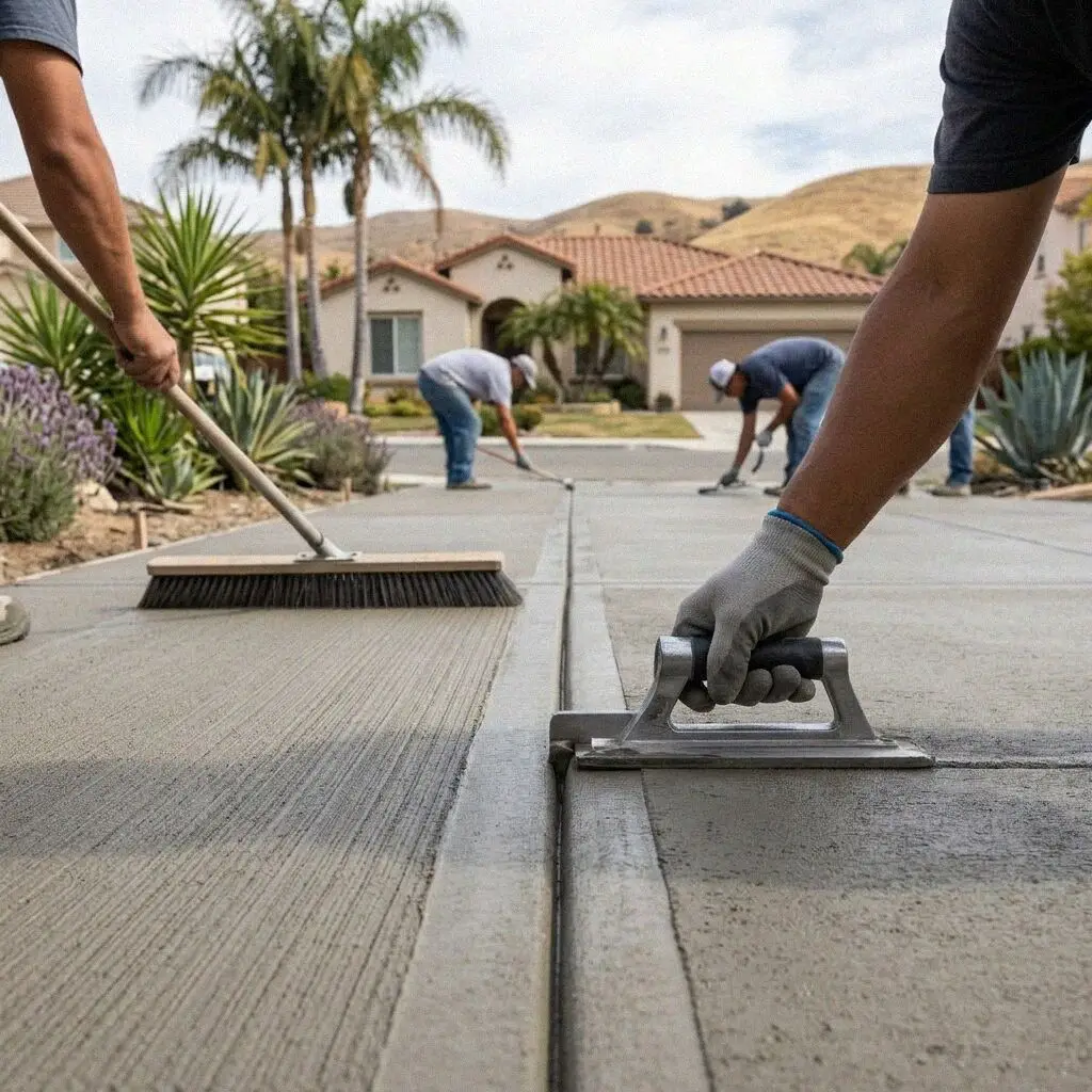 Crew screeding wet concrete on an Irvine residential driveway.