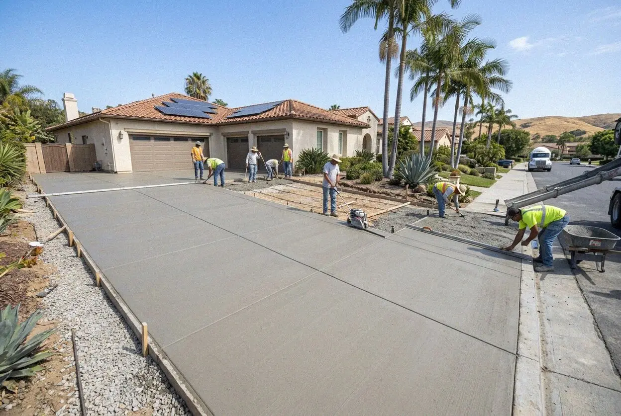 Pouring a reinforced concrete driveway on crushed base in Irvine.