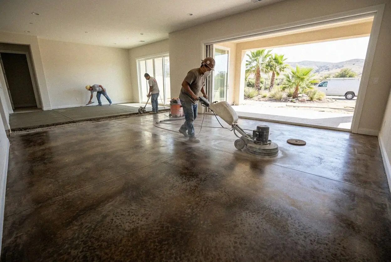 Crews screeding a fresh interior concrete floor at an Irvine home