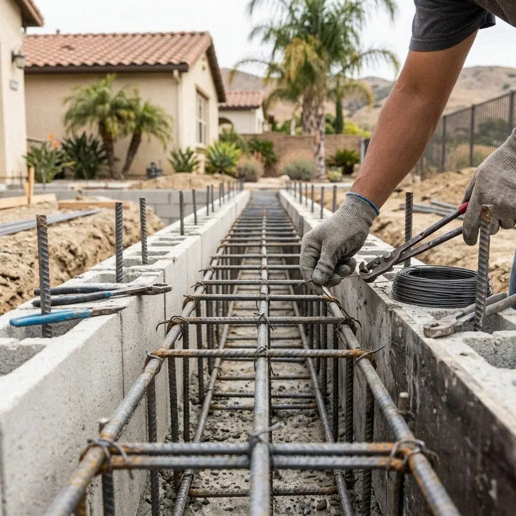 Tied steel rebar sitting on dobies inside an Irvine footing trench