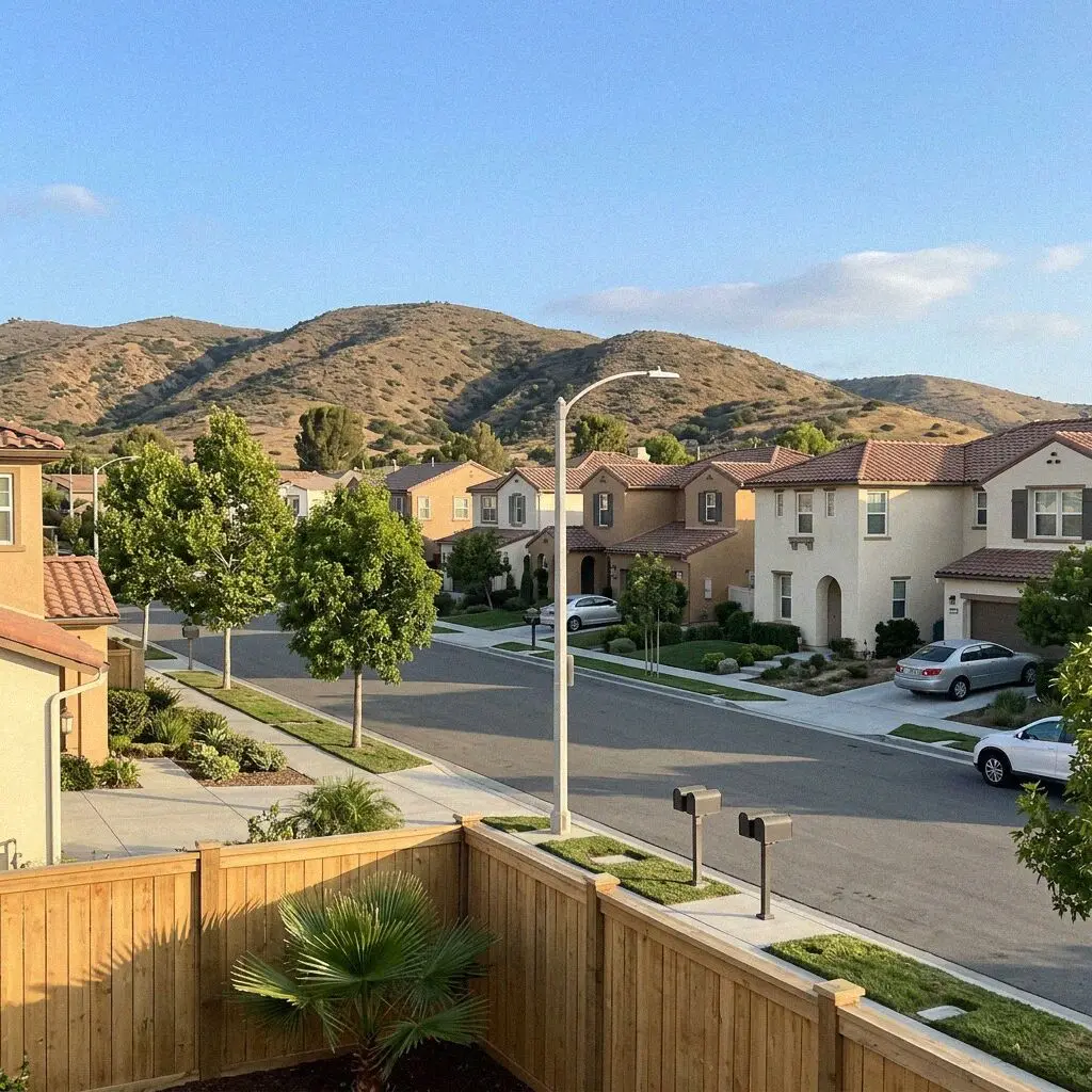 Suburban homes and concrete sidewalks along a street in Irvine