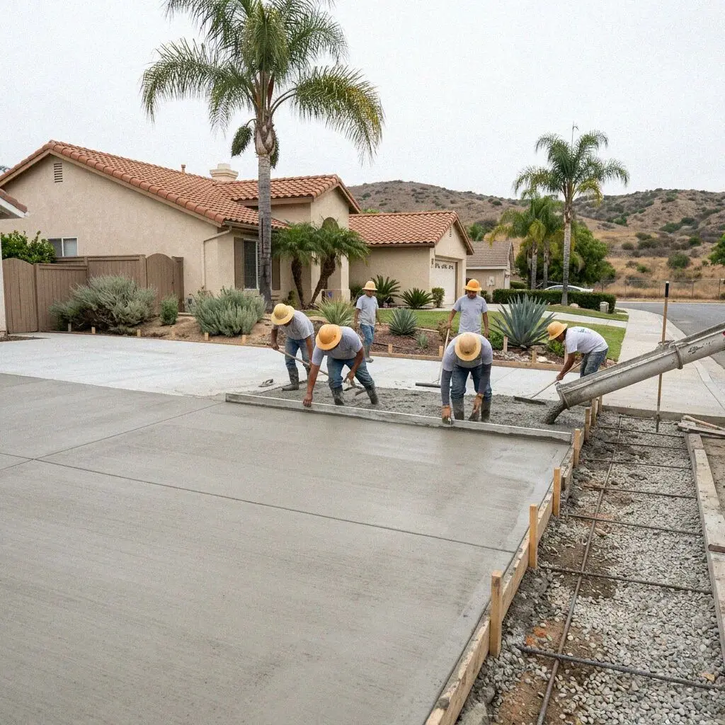 Concrete crew finishing a fresh slab at an Irvine village home