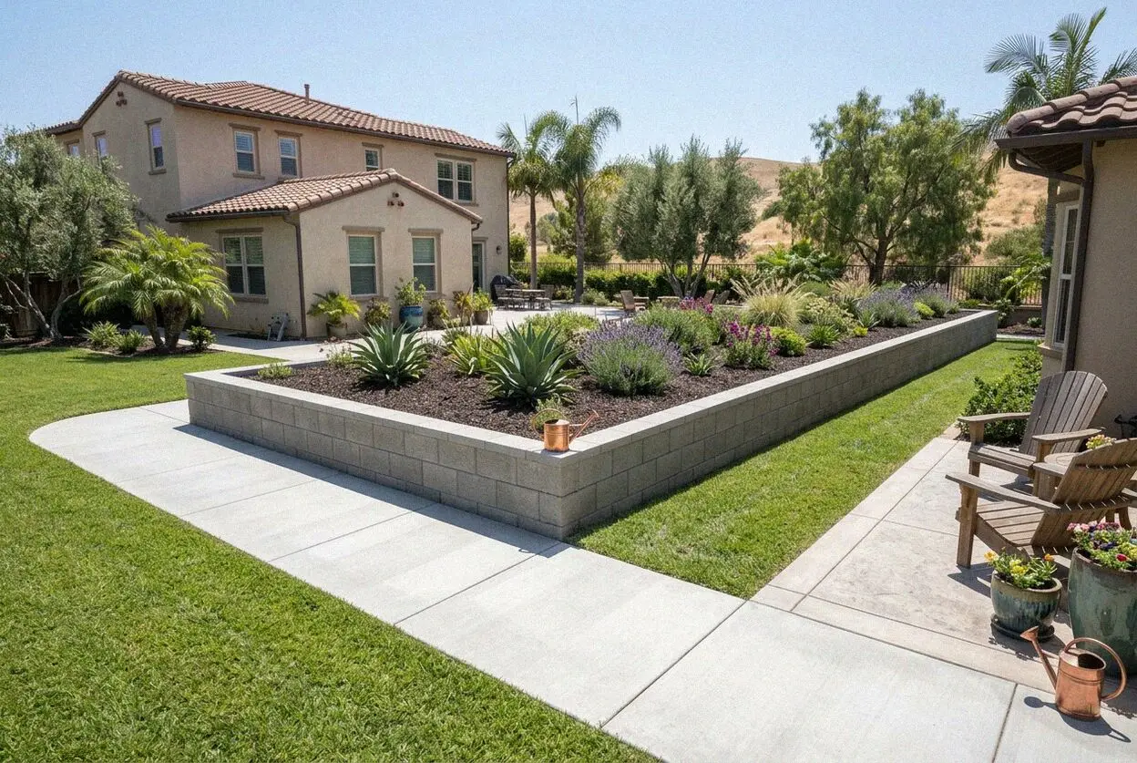 Poured concrete retaining wall on a Portola Springs slope in Irvine