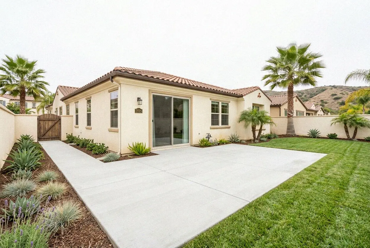 Rear concrete patio at a Northwood home in Irvine, California
