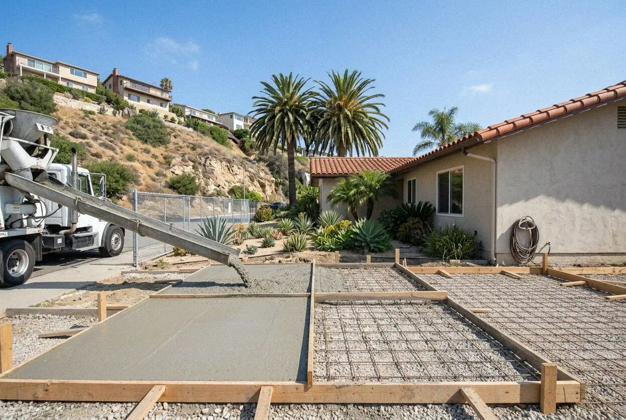 Pouring reinforced concrete on a Laguna Beach canyon hillside