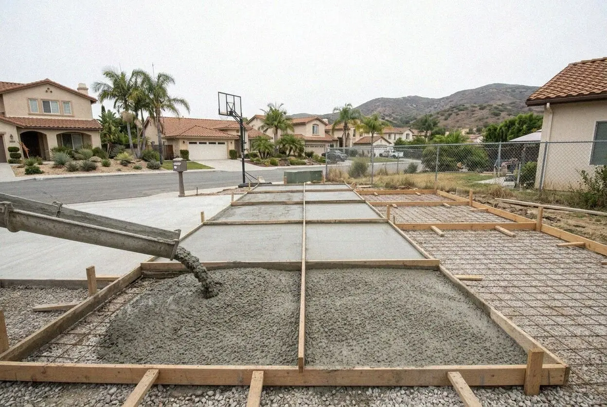 Pouring a reinforced concrete driveway slab in Laguna Hills