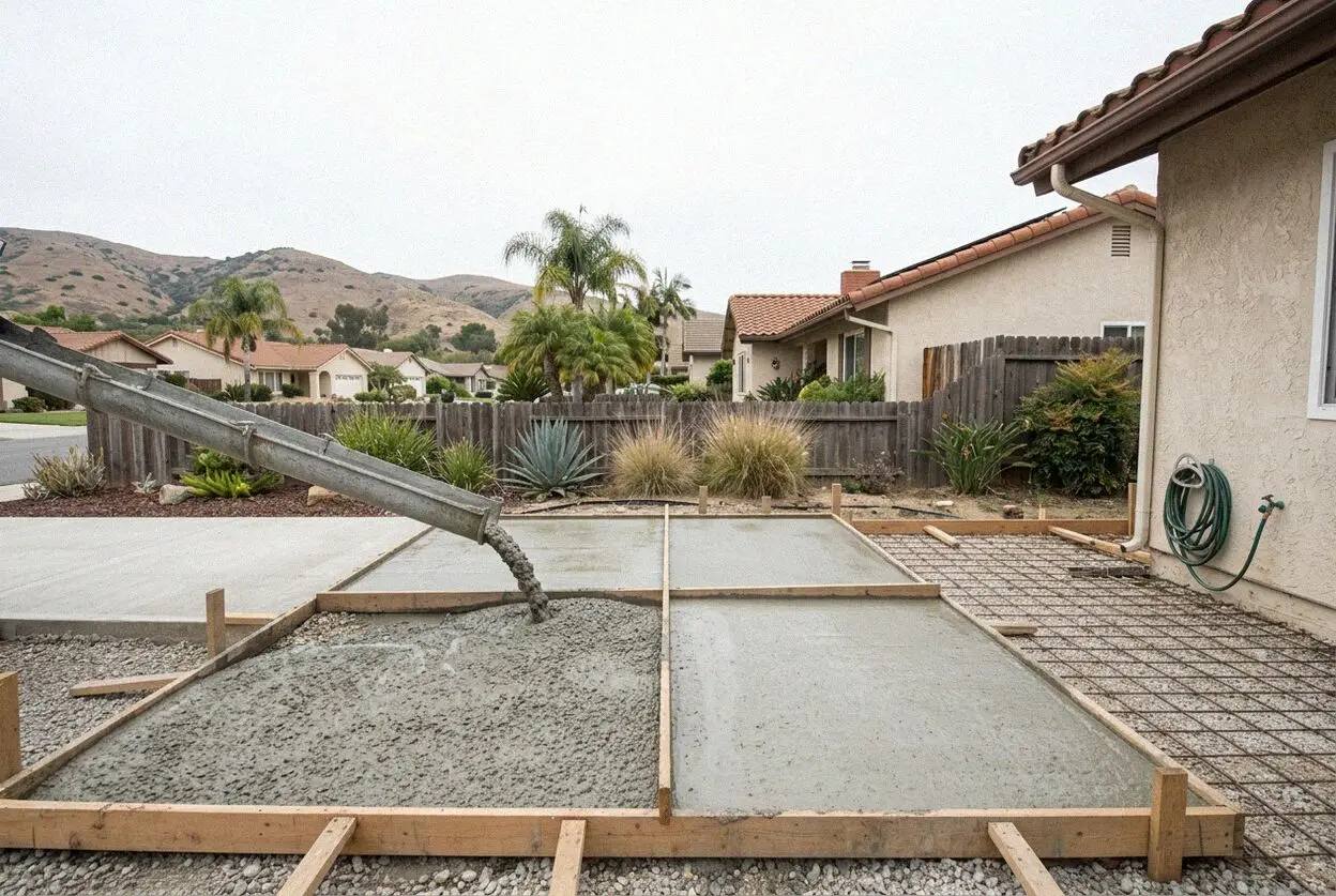 Pouring a reinforced concrete courtyard slab in Laguna Woods