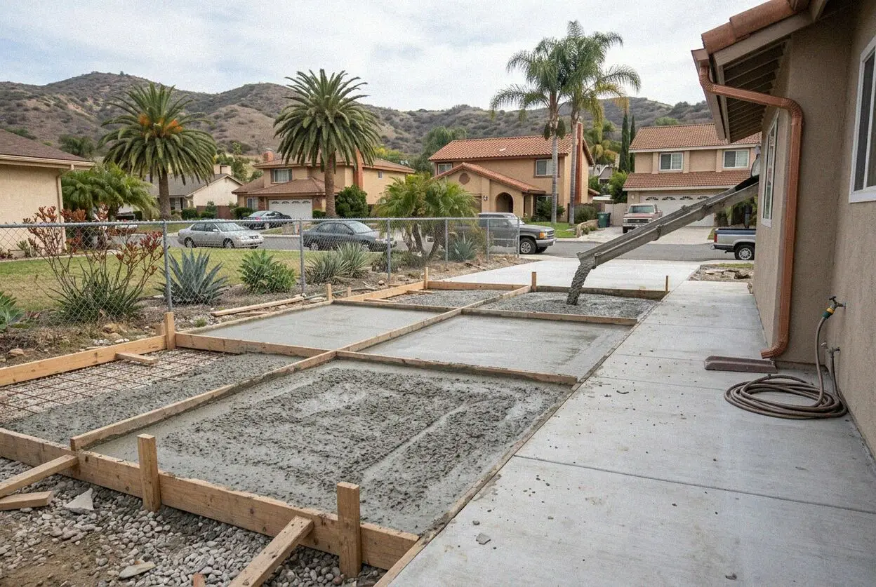 Concrete crew finishing a reinforced driveway in Mission Viejo