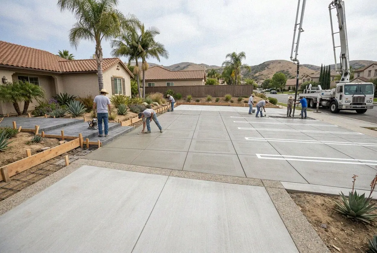 Crew placing and screeding concrete parking lot pavement in Irvine