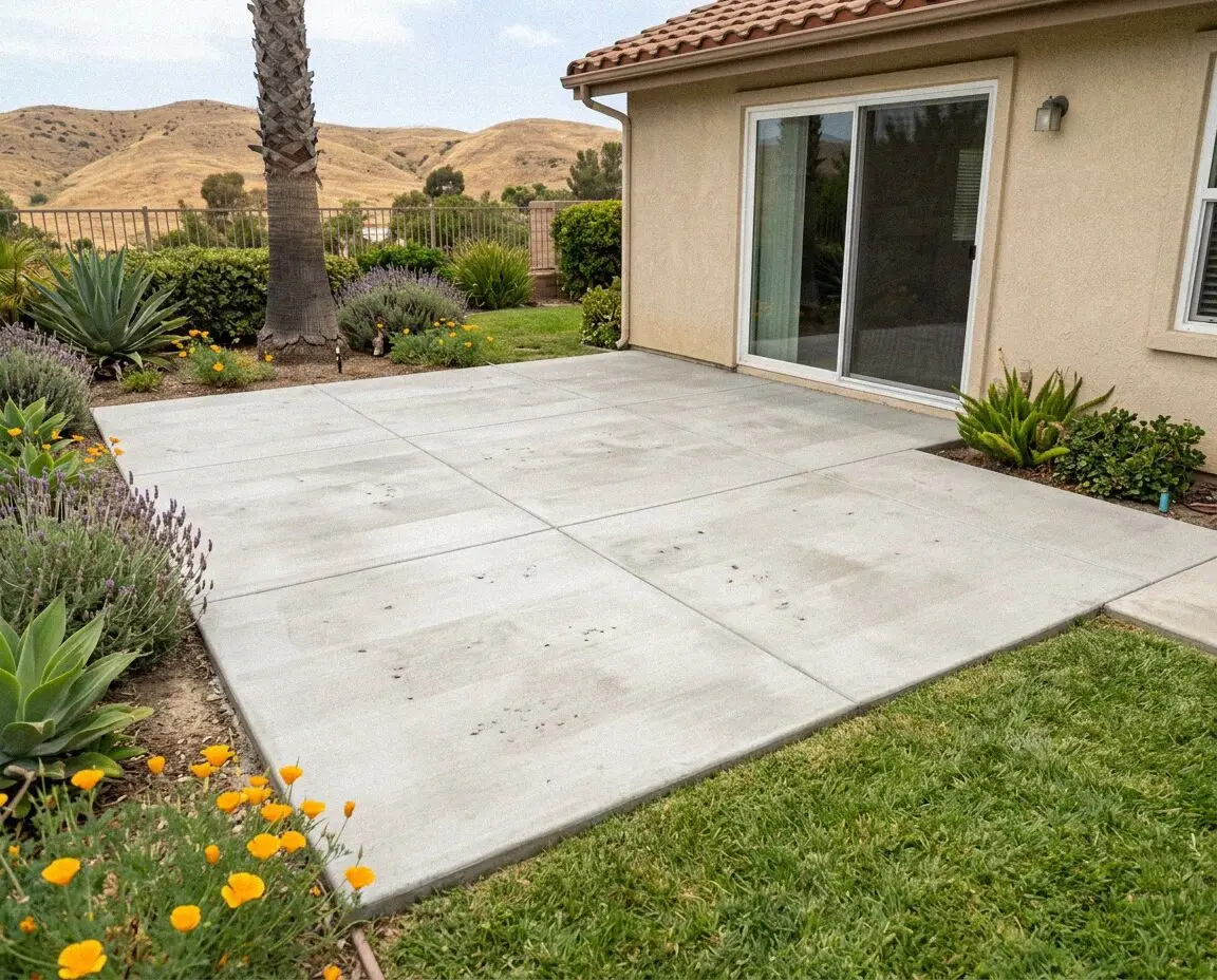 Finished concrete patio with broom finish behind a home in Irvine