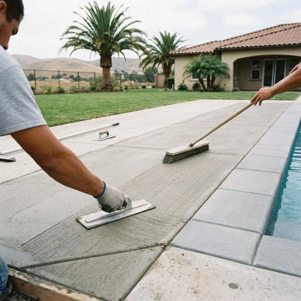 Cured broom-finish concrete pool deck and coping at an Irvine residence