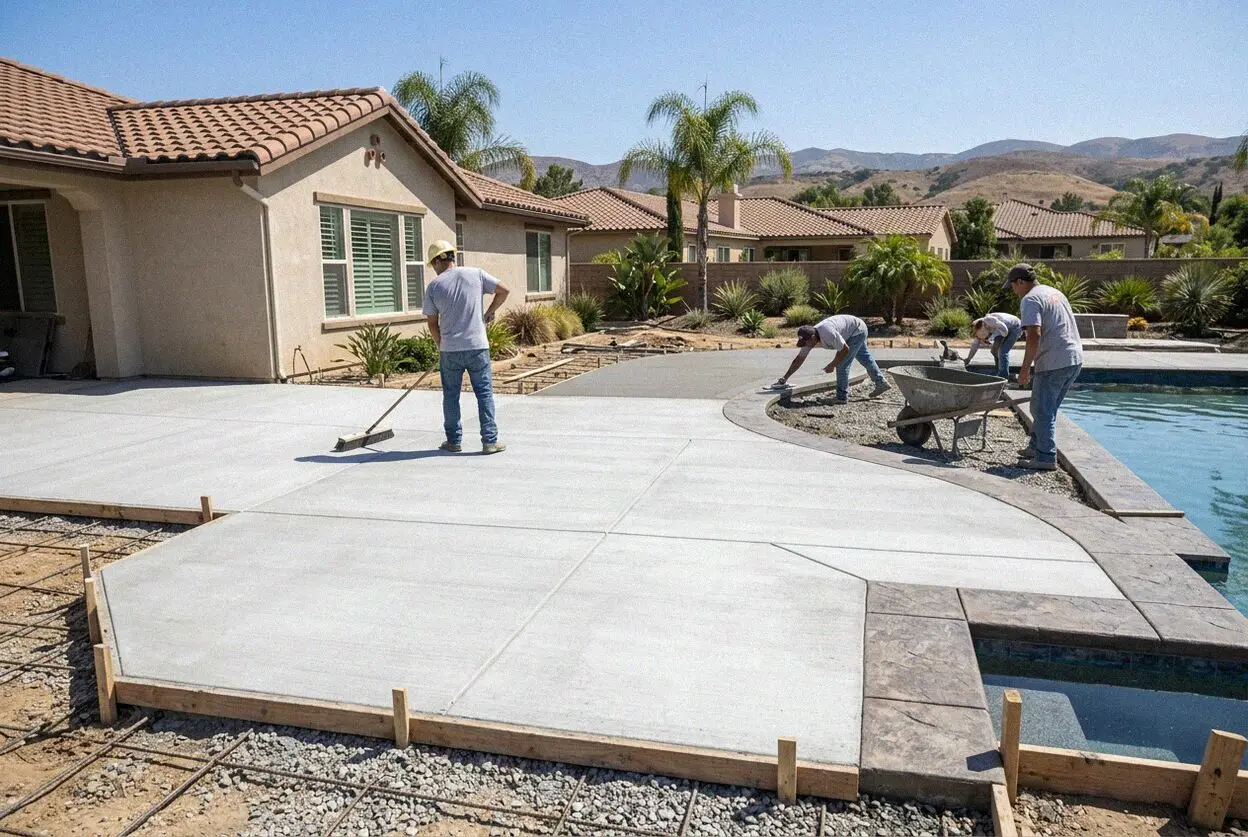 Pouring concrete pool deck panels around a backyard pool in Irvine