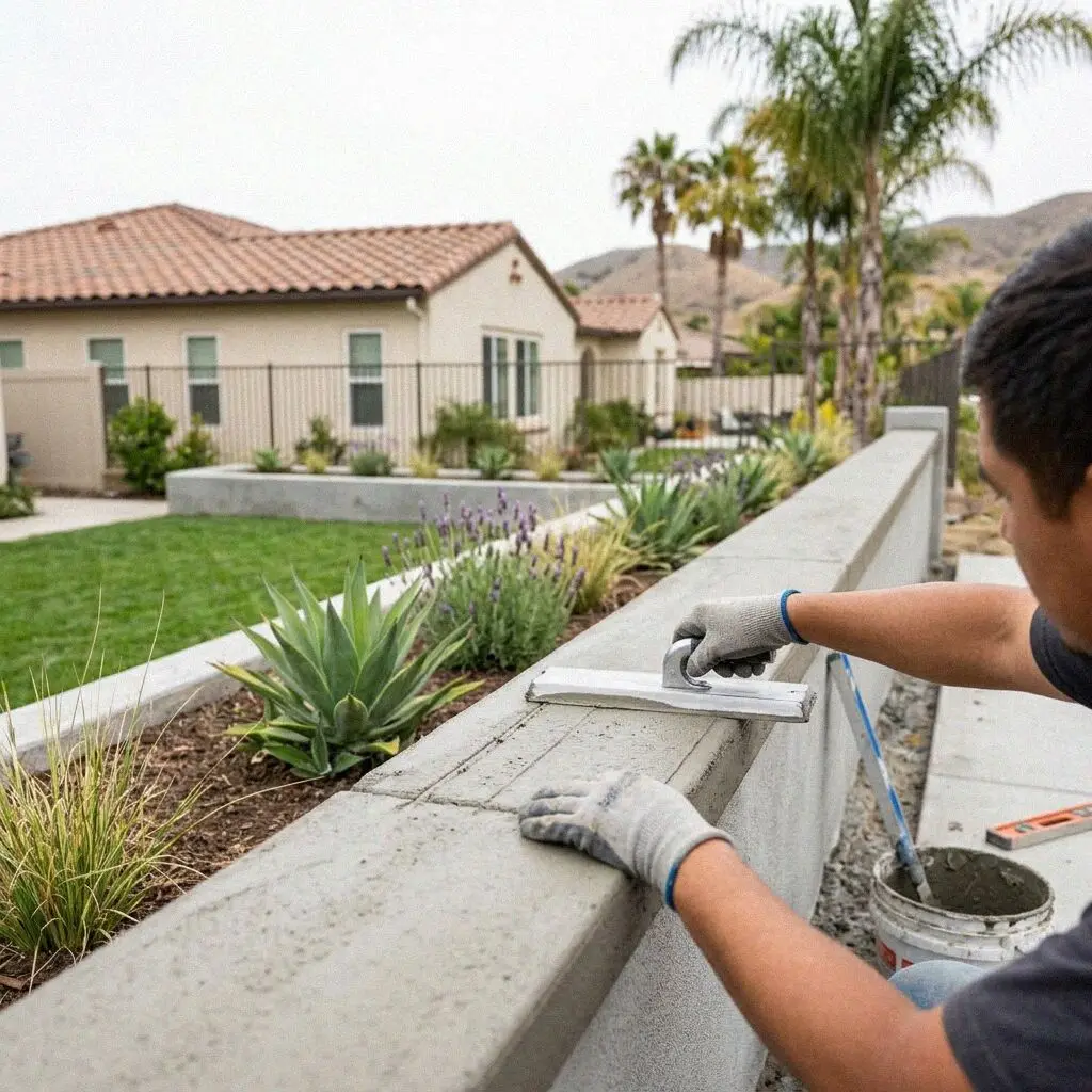 Completed concrete retaining wall along a residential Irvine driveway