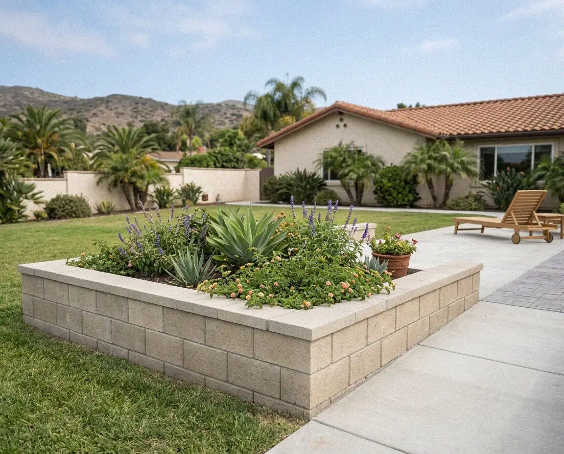 Concrete retaining wall holding a terraced backyard slope in Irvine