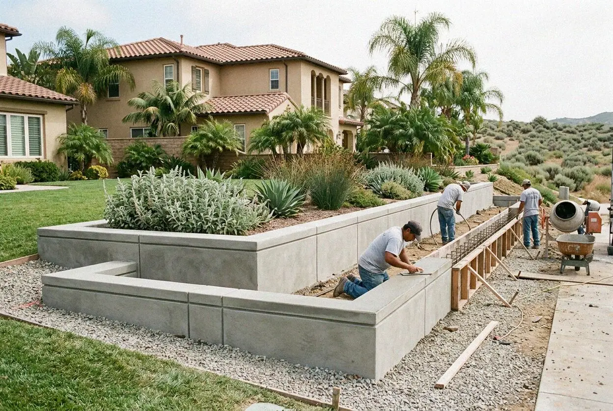 Pouring concrete retaining wall footings for an Irvine home slope