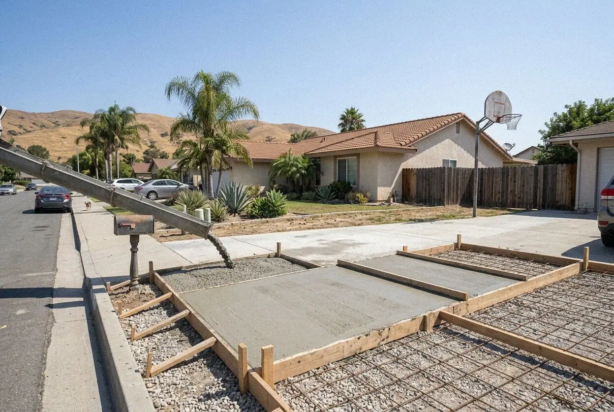 Concrete crew finishing a reinforced driveway in Seal Beach