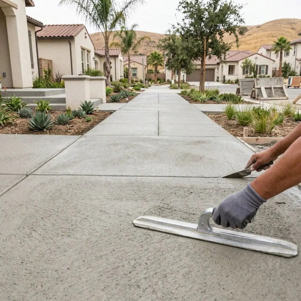 Completed concrete sidewalk panels outside a single-family Irvine home.