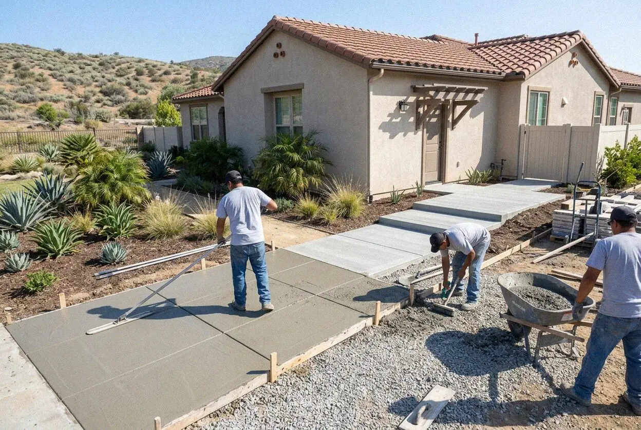 Finishing a newly poured concrete sidewalk at a home in Irvine.