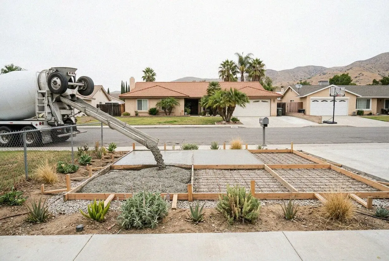 Pouring a reinforced concrete residential driveway in Stanton
