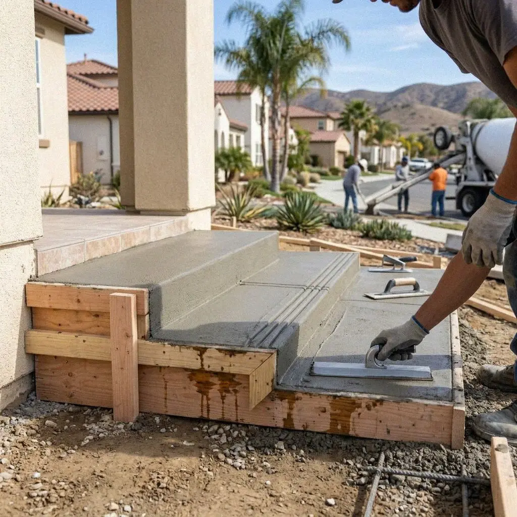 Finished concrete entryway steps with broom texture at an Irvine house