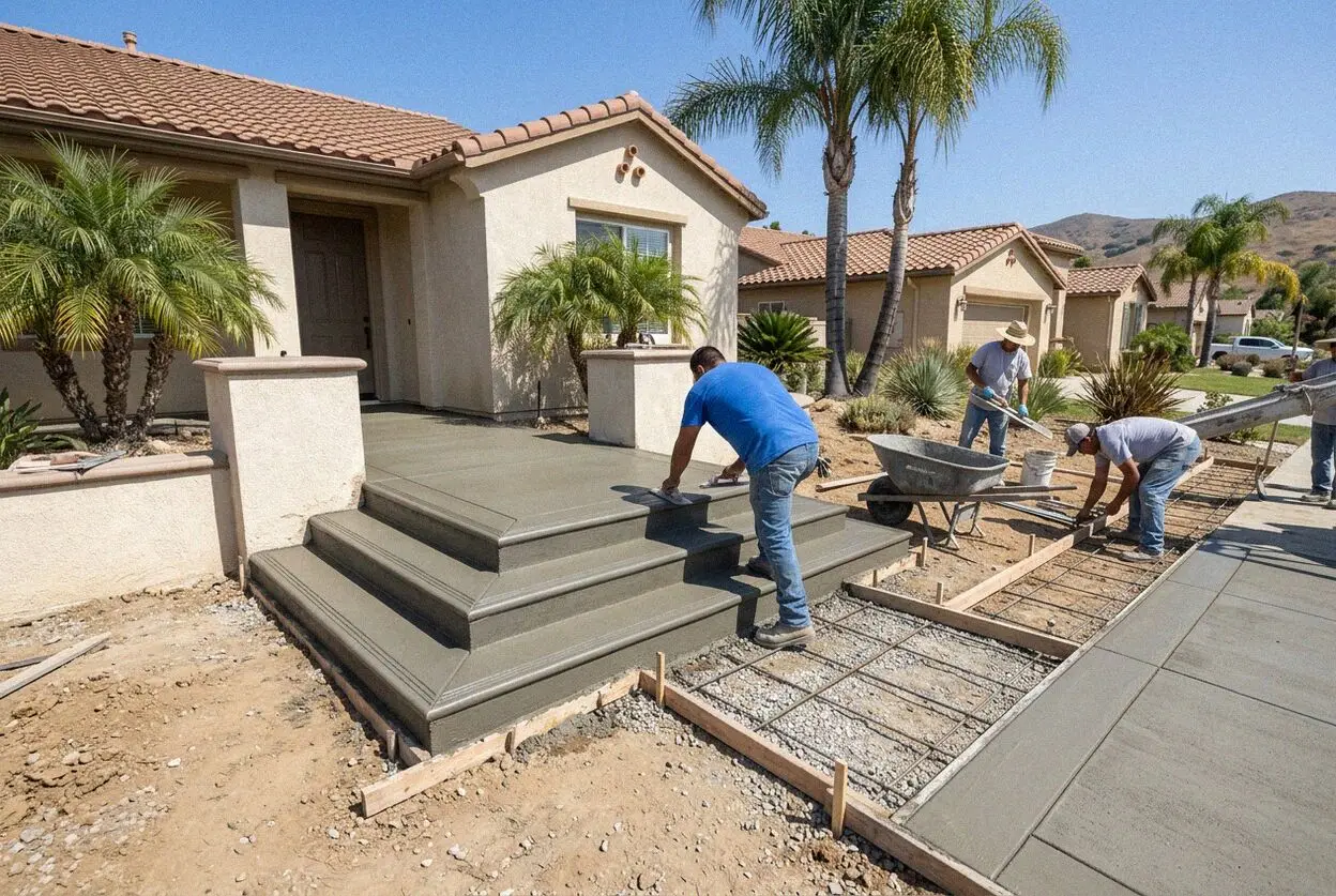 Forming and pouring reinforced concrete entry steps at an Irvine home