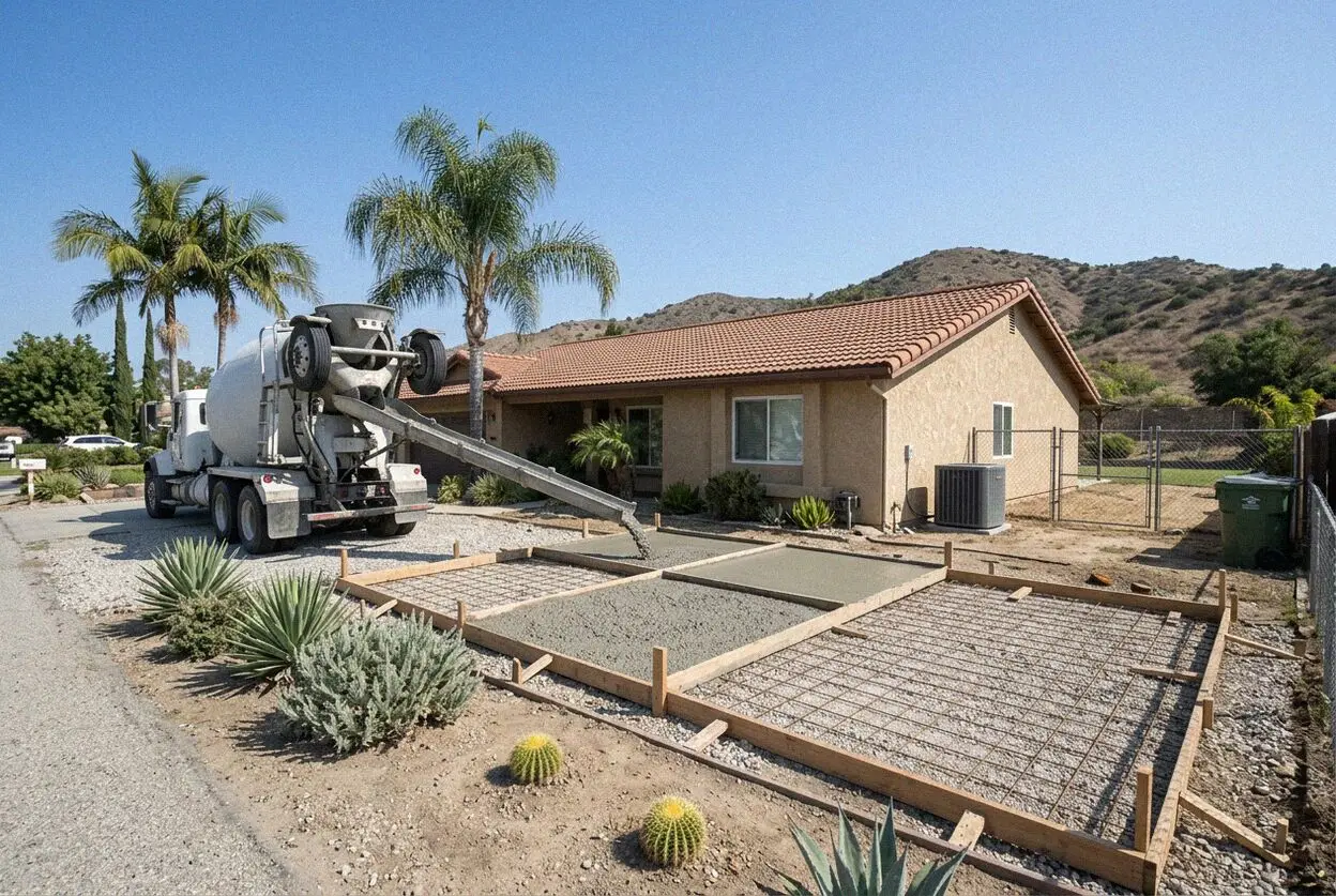 Pouring a reinforced concrete residential patio in Yorba Linda