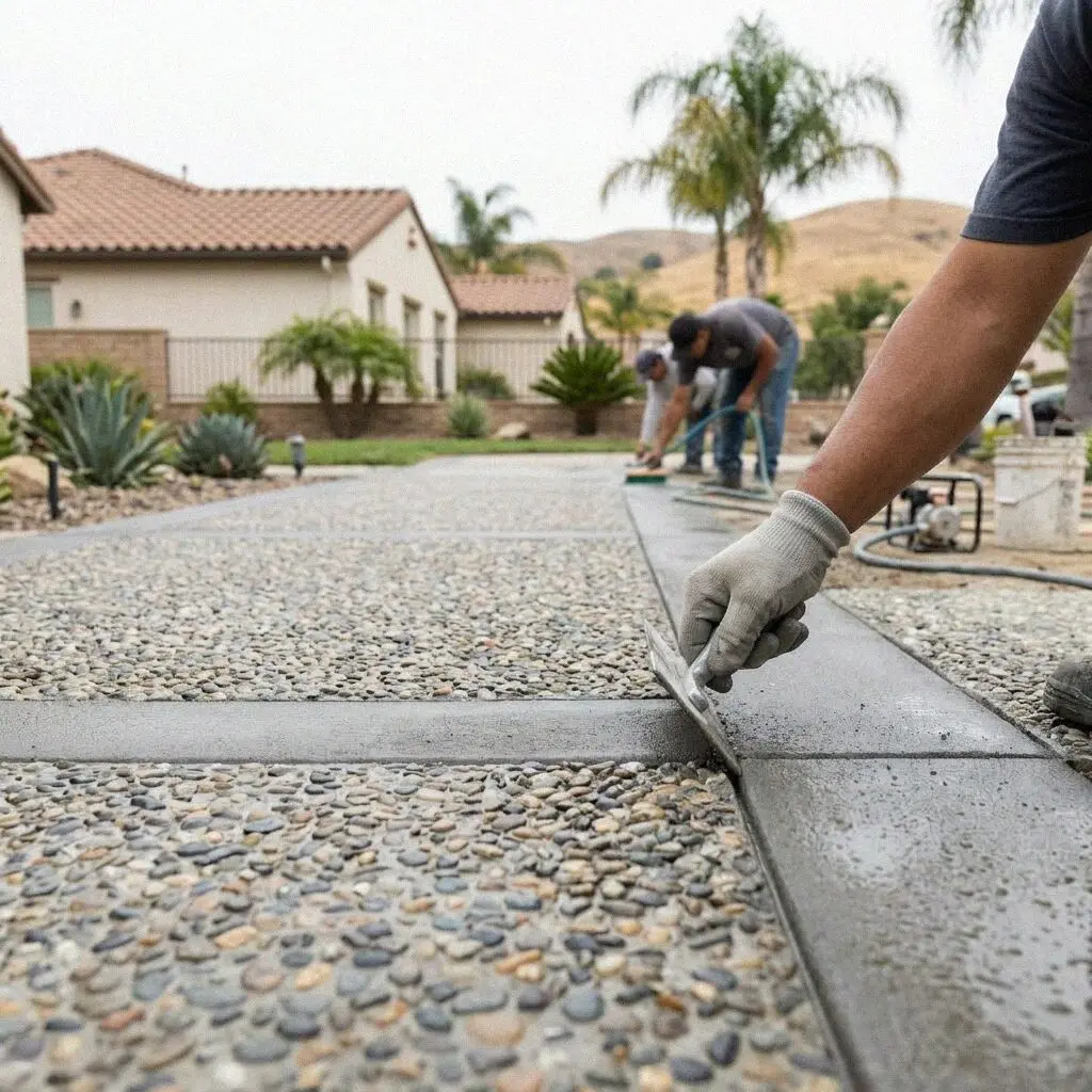 Freshly washed exposed aggregate patio on an Irvine residential lot.