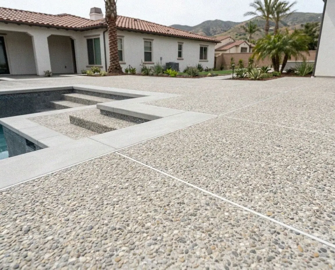 Stamped ashlar slate patio behind a detached residence in Irvine.