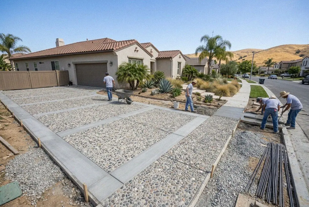 Stamping a slate pattern into fresh concrete at an Irvine home.