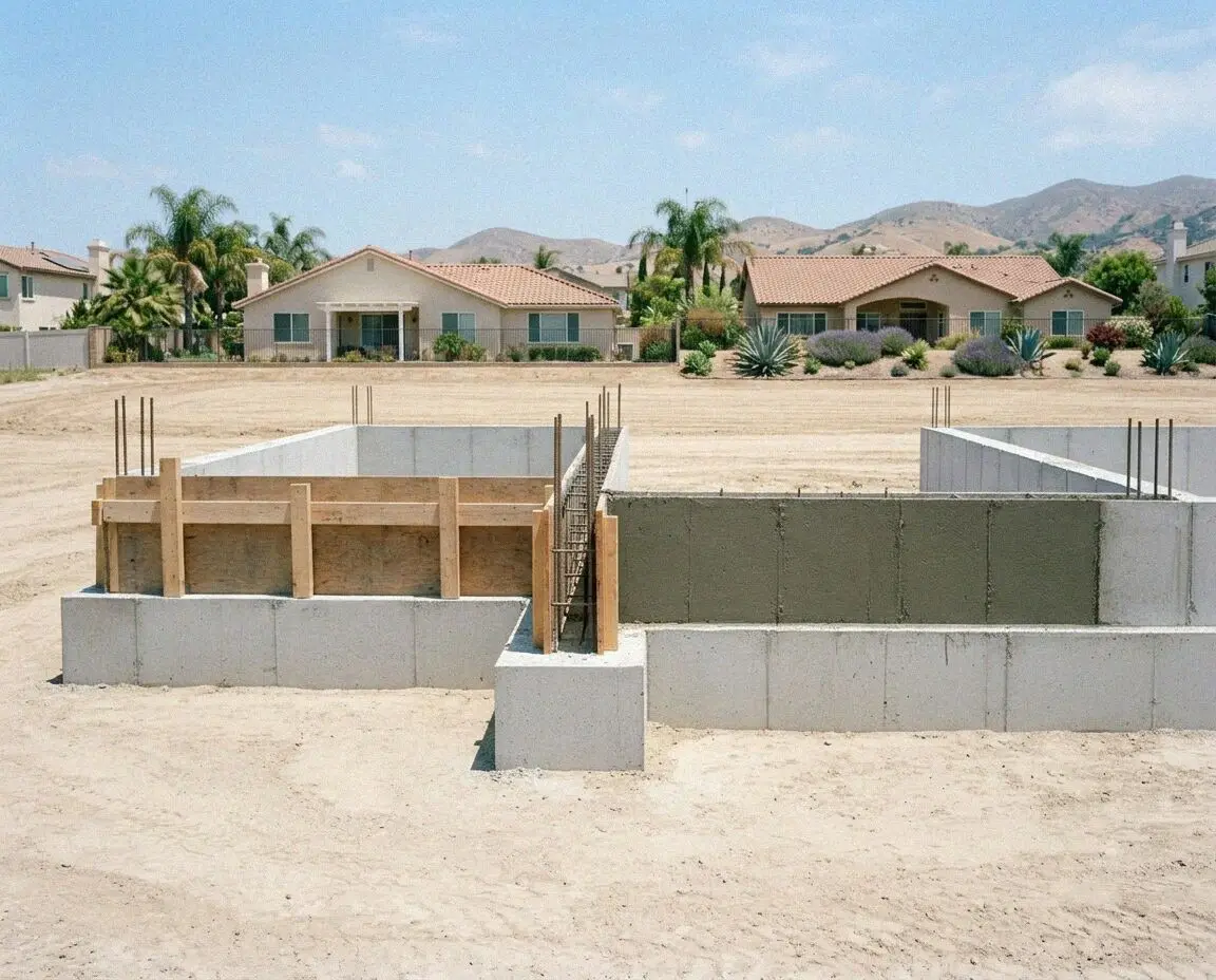Foundation footing trench and steel rebar grid at an Irvine residence