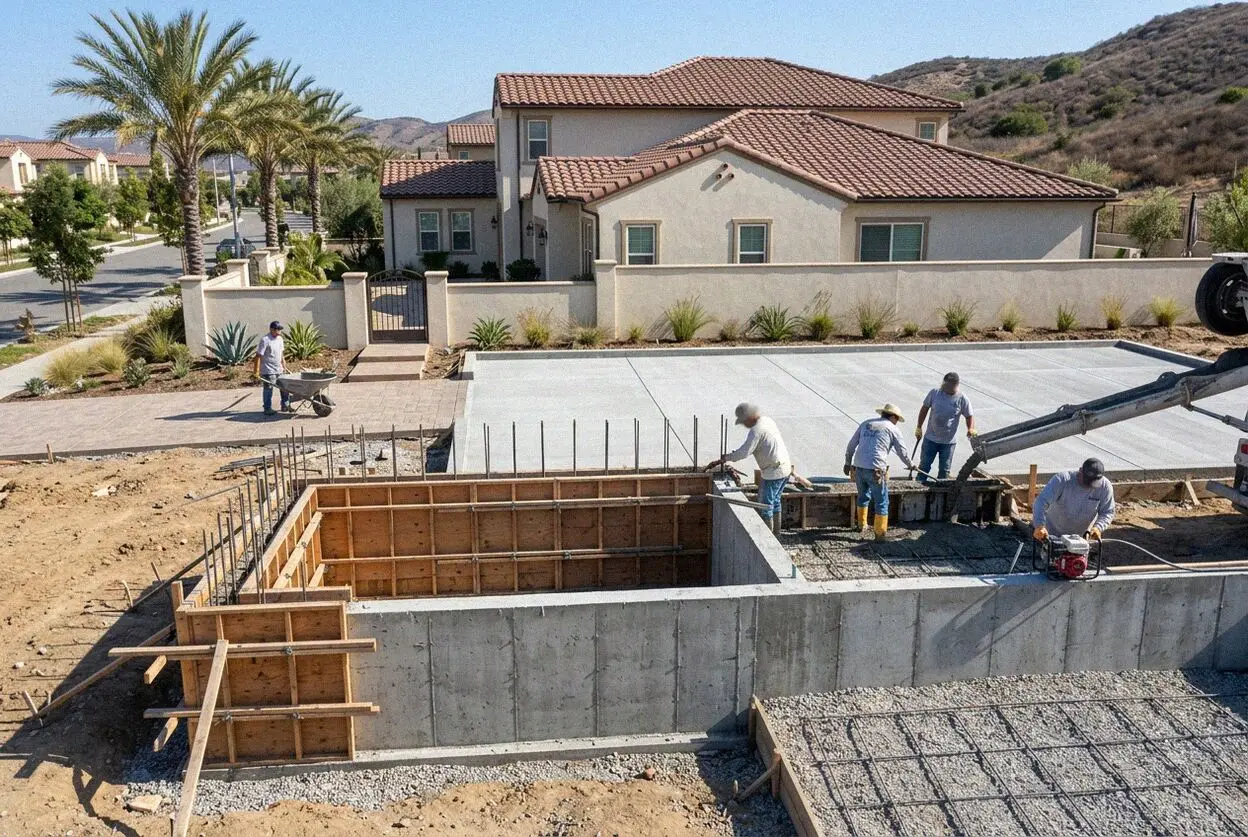 Pouring concrete into reinforced foundation forms at an Irvine home