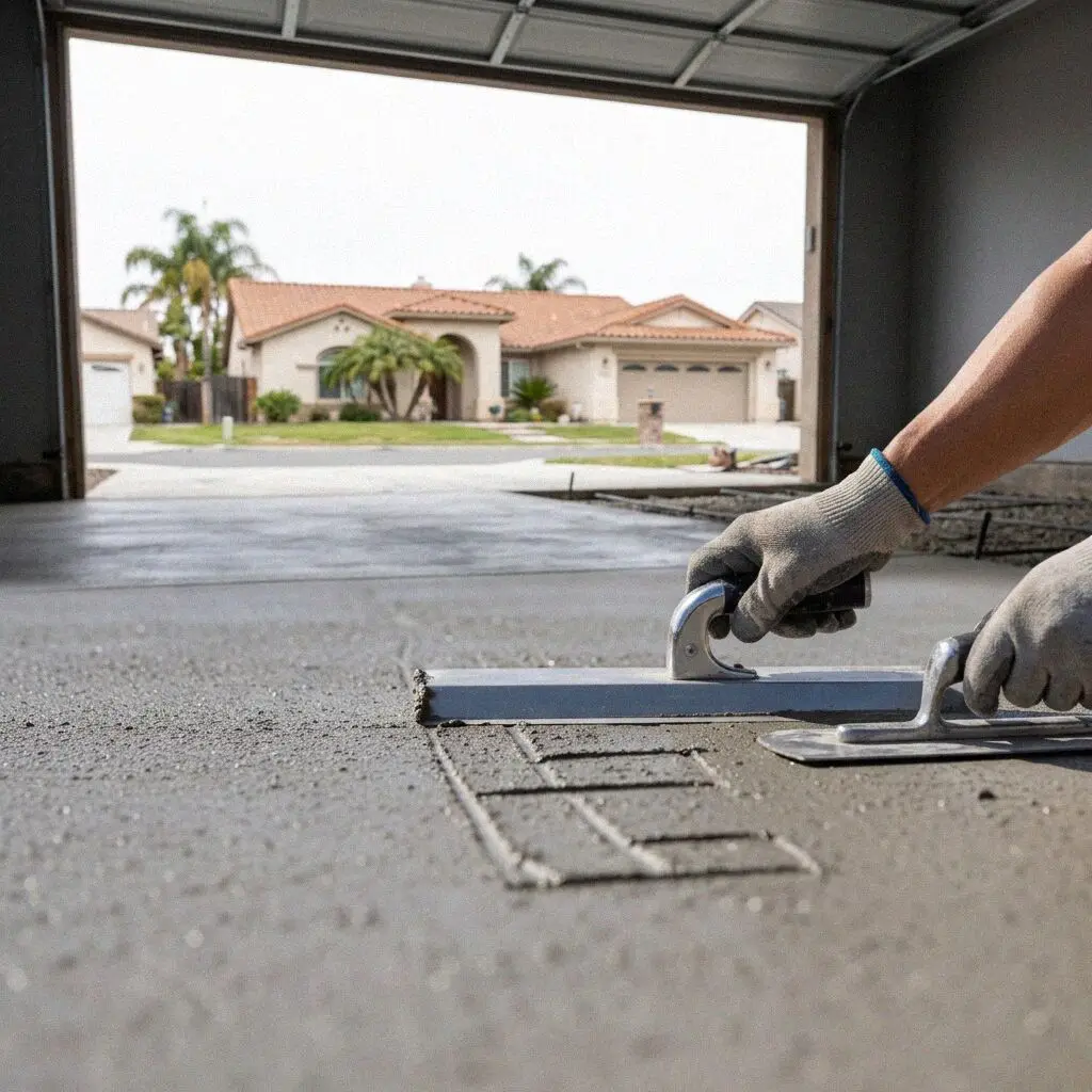 Finished smooth troweled garage concrete slab in an Irvine residence