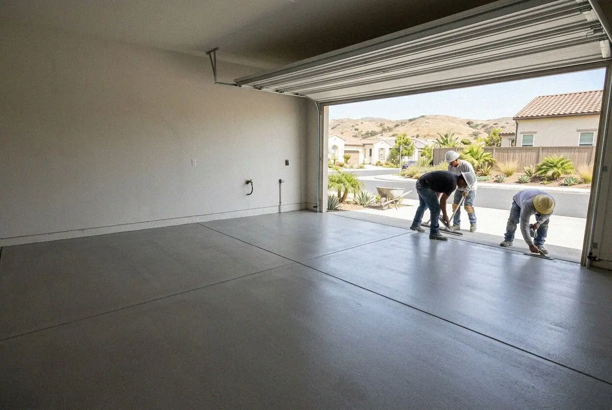 Placing and vibrating concrete for a garage floor slab in Irvine