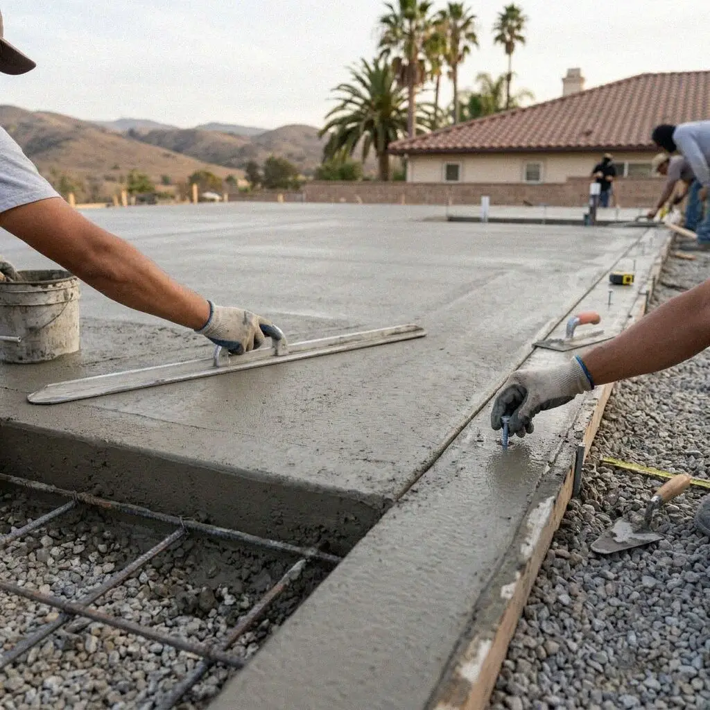 Finished residential concrete slab foundation on a home lot in Irvine