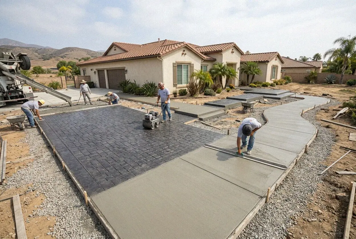 Crew placing steel rebar for a new slab foundation build in Irvine