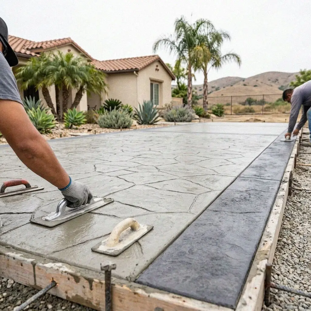 Finished European cobblestone concrete patio at an Irvine residence