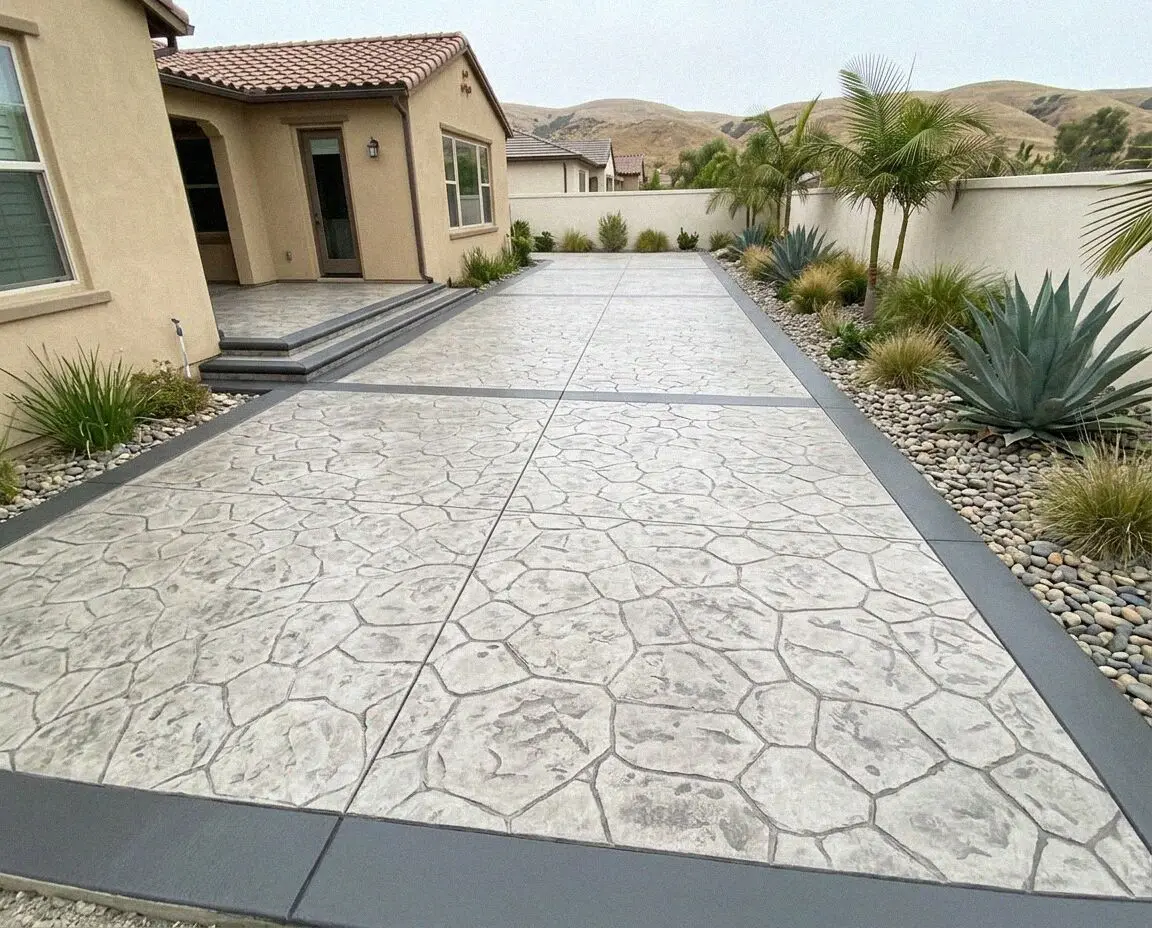 Ashlar slate stamped concrete patio behind an Irvine single family home