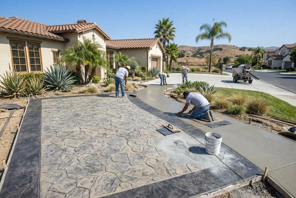 Crew stamping fresh decorative concrete at a Woodbridge home in Irvine